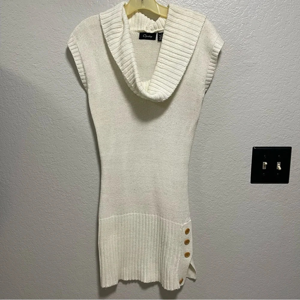 Chesley Cowl Neck Short Sleeve White Knit Sweater Dress LARGE